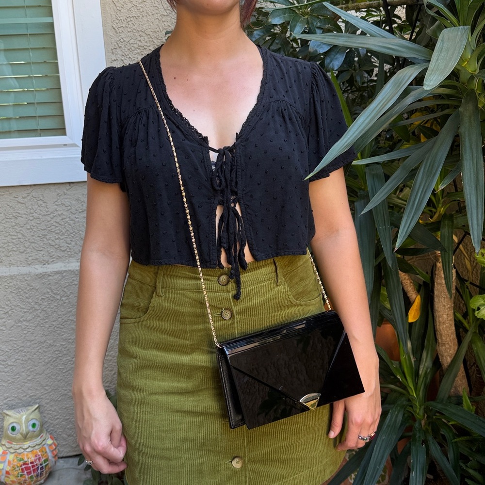 Vintage 80’s Black Hardshell Clutch with Leather Trim and Gold Chain